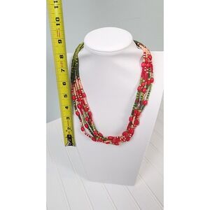 Multi Strand Beaded Necklace Pink Green Boho Layered Statement Costume Jewelry